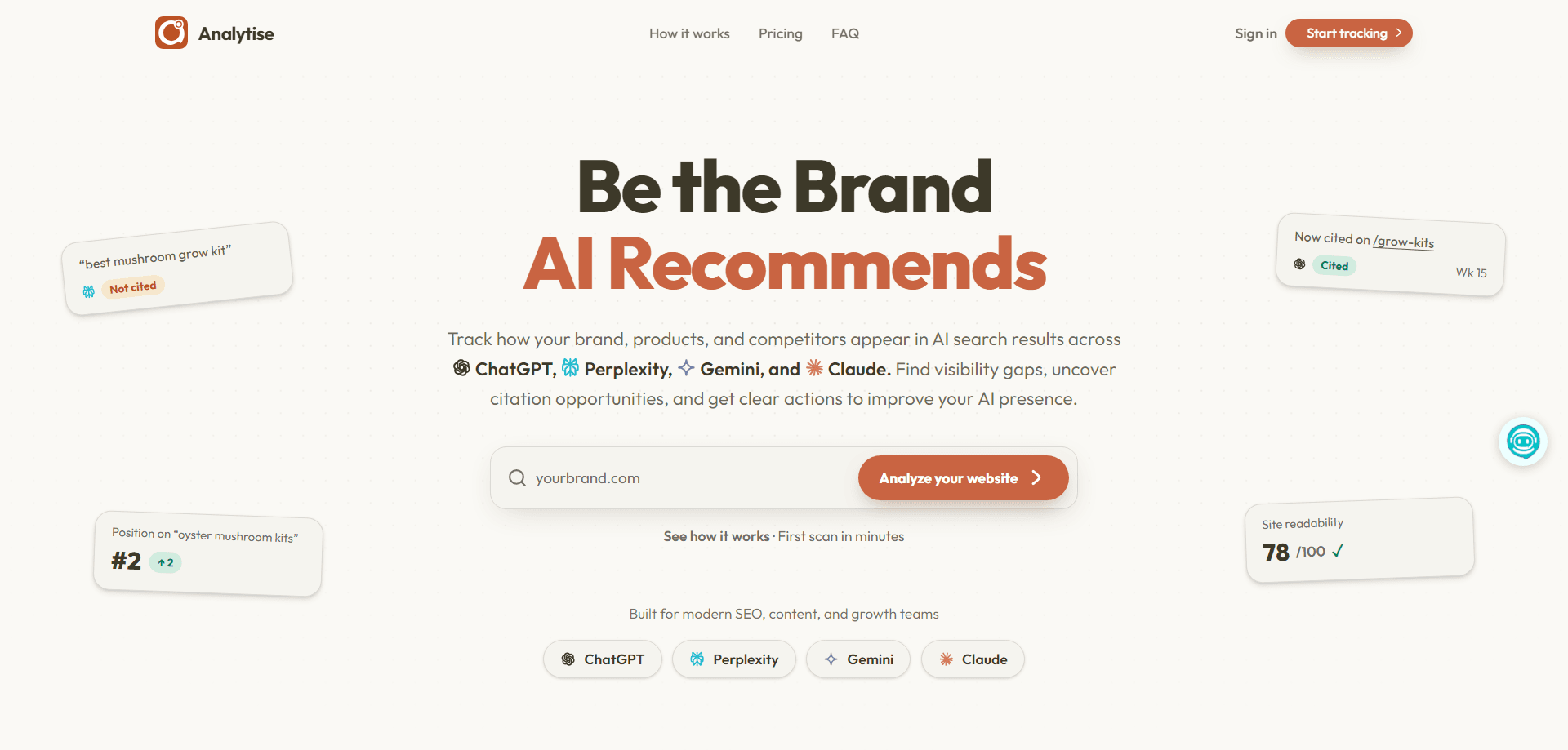 Analytise homepage: AI Search Visibility Tracker for Brands showing brand recommendations across ChatGPT, Perplexity, Gemini and Claude